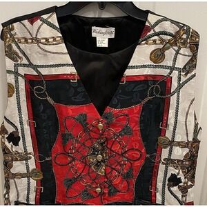 Vintage Equestrian Print Vest Academia Preppy Derby Heritage Gold Button Womens
